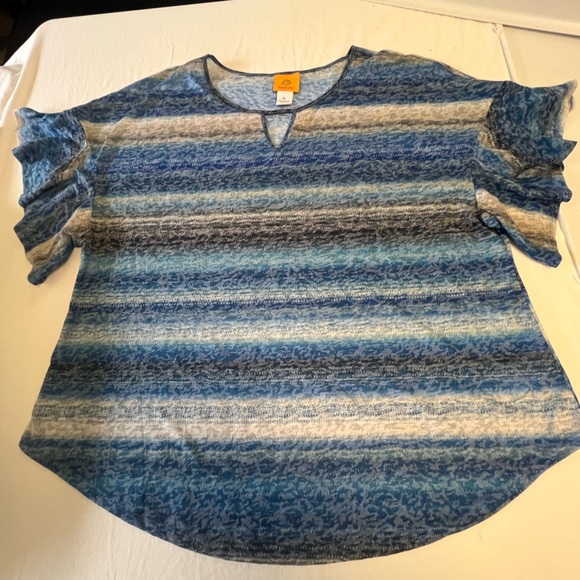 RUBY RD BLUE & WHITE STRIPED TEE W/SCOOP NECK & FLUTTER SLEEVES. SIZE XL - Picture 8 of 9